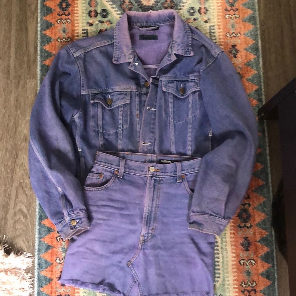Purple dyed denim skirt and jacket set